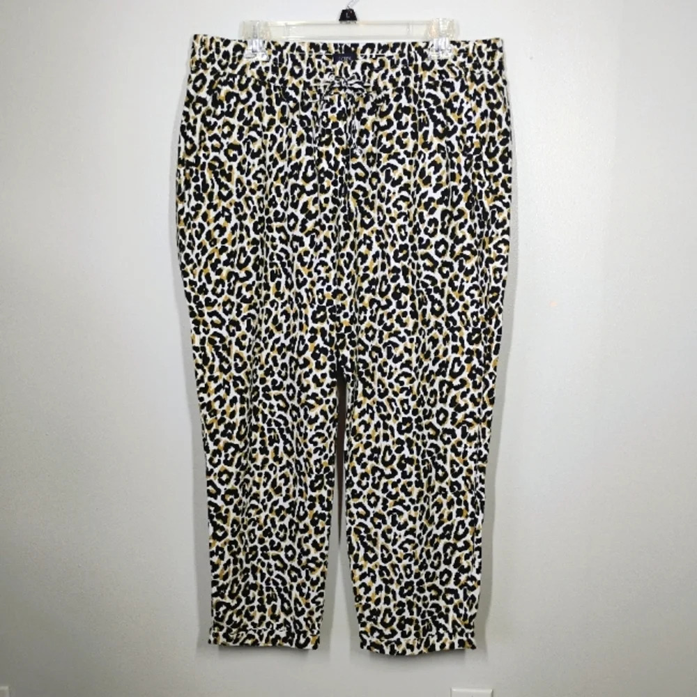 J Crew‎ Leopard Print Cropped Tie Waist Linen Blend Relaxed Pants Size 14